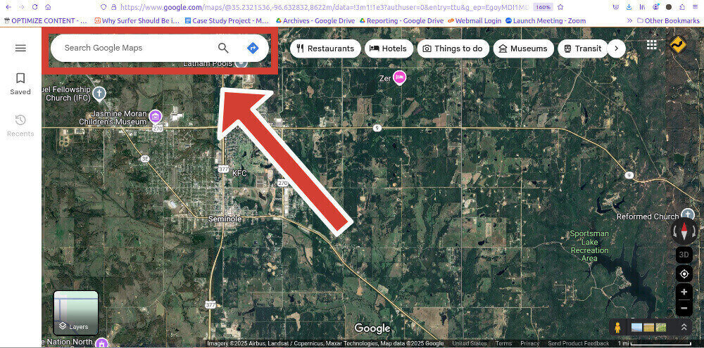 Location of the search box on Google Maps using a desktop or laptop computer.