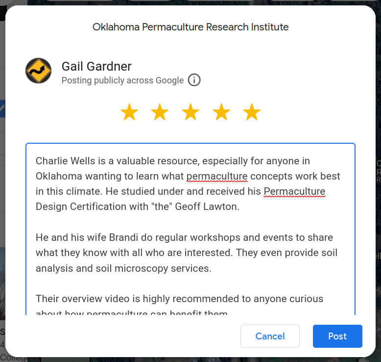 Desktop view while leaving a review on a GBP.