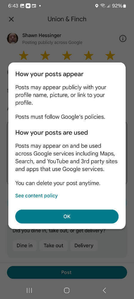 Google message about how they use your reviews.