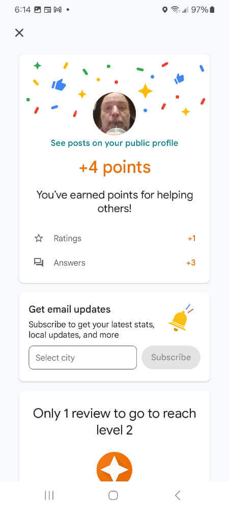 Message Google displays when you post a review to a GBP from an Android mobile device.