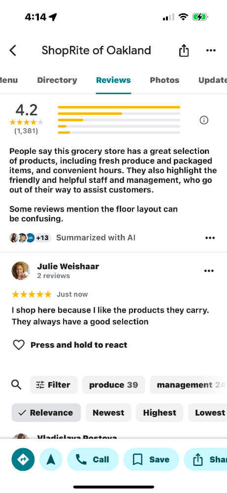 Example of a Google Review on a local business profile.