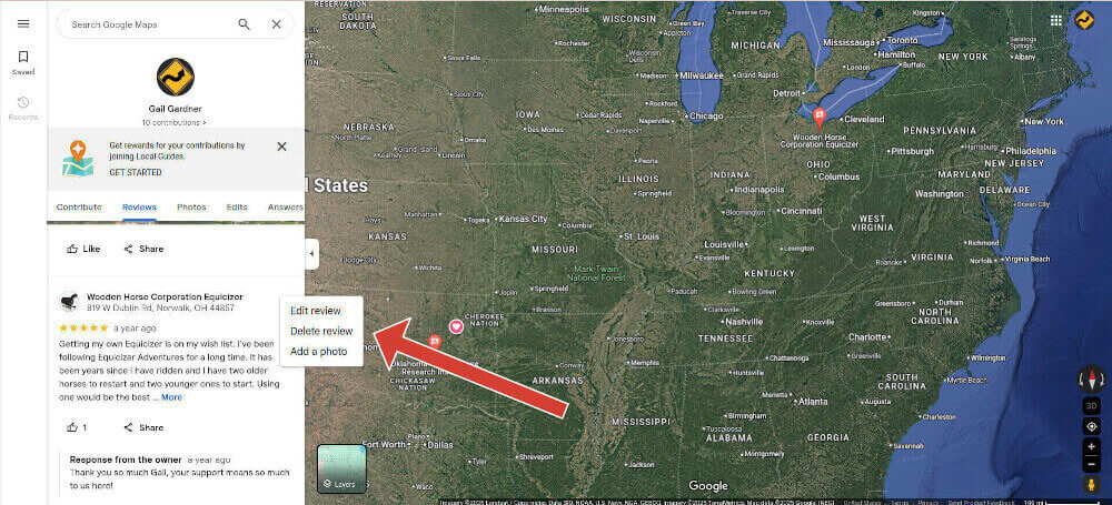 Image showing how to delete or edit a review you created on Google Maps.