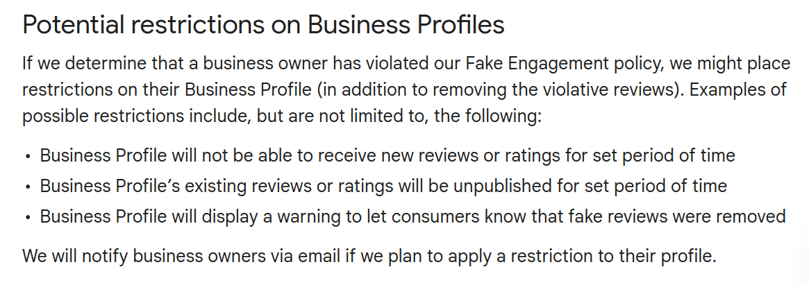 Potential restrictions Google may place on GBPs that violate their engagement policy.