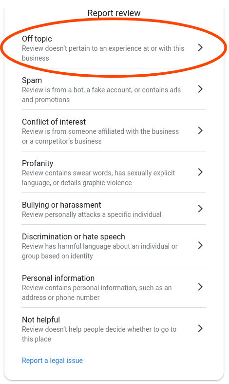 Select the Google policy the review you are reporting violates List of the Google policy the review you are reporting violates.